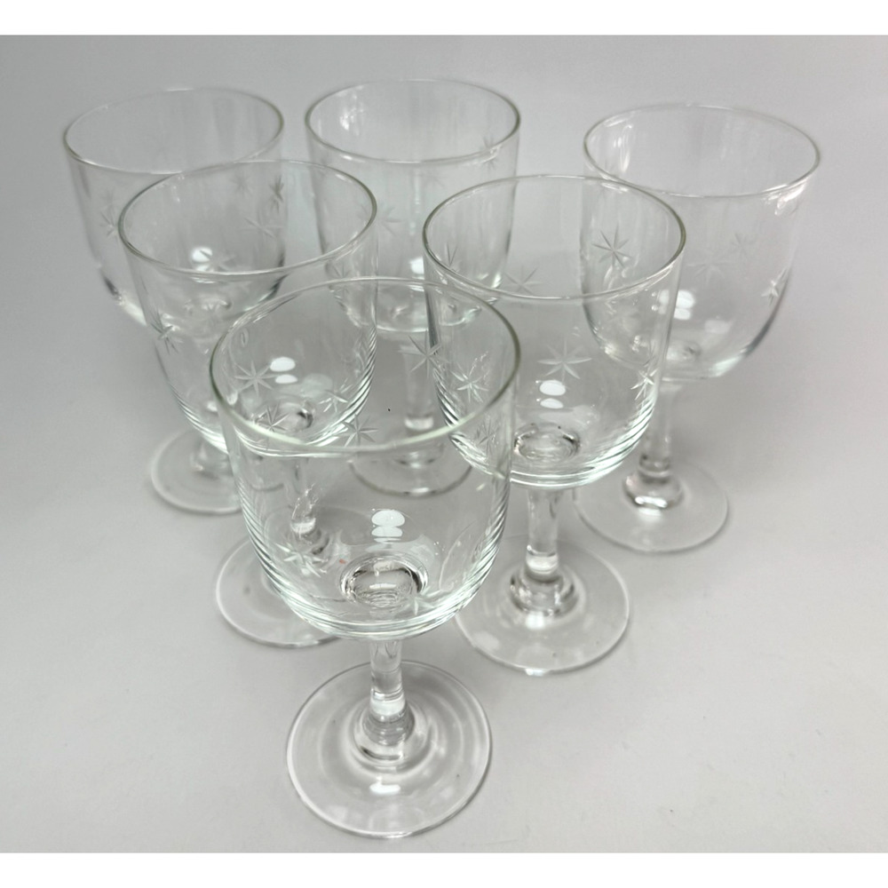 6 Vintage MCM Atomic Small Wine Cordial Glasses Star Dust C G Quartzex Crystal - Picture 2 of 4